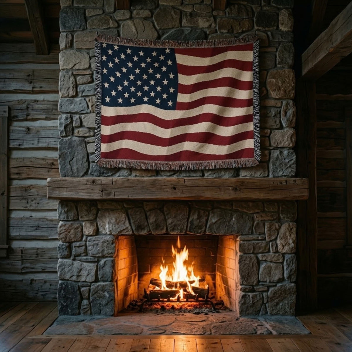 A rustic American flag tapestry hangs on a stone fireplace wall above a burning wood-burning stove. The scene includes a log cabin wall, stone masonry, a wooden mantel, and a warm fire in the hearth.