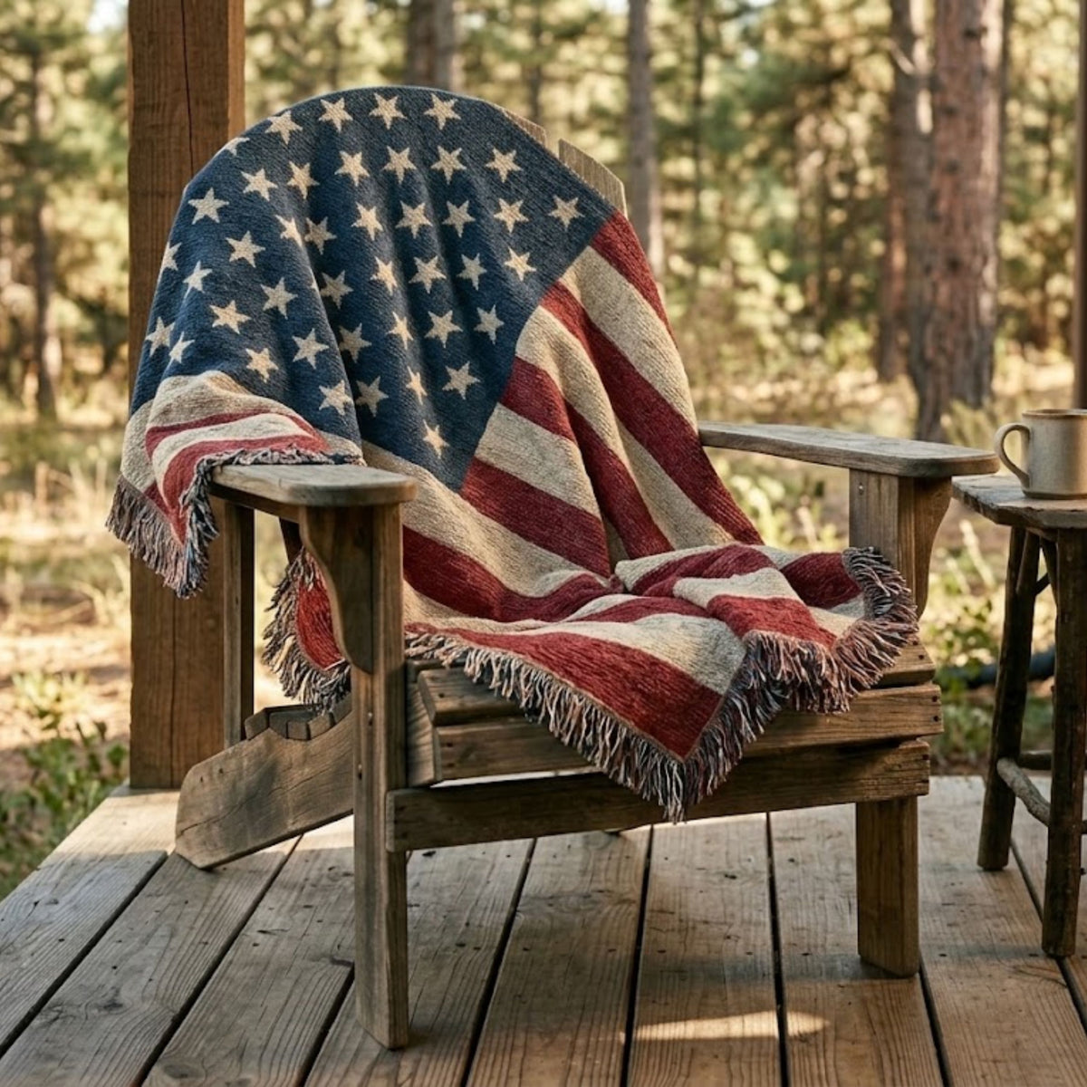 Woven American flag throw folded on the seat of an Adirondack chair on a pine cabin porch in the woods