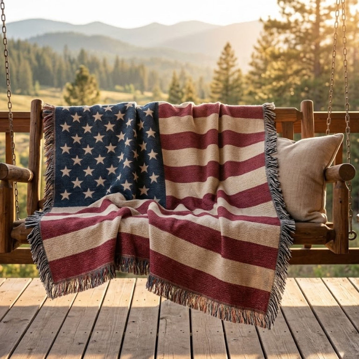 Old Glory woven flag throw draped over a porch swing on a cabin deck with mountains in the distance