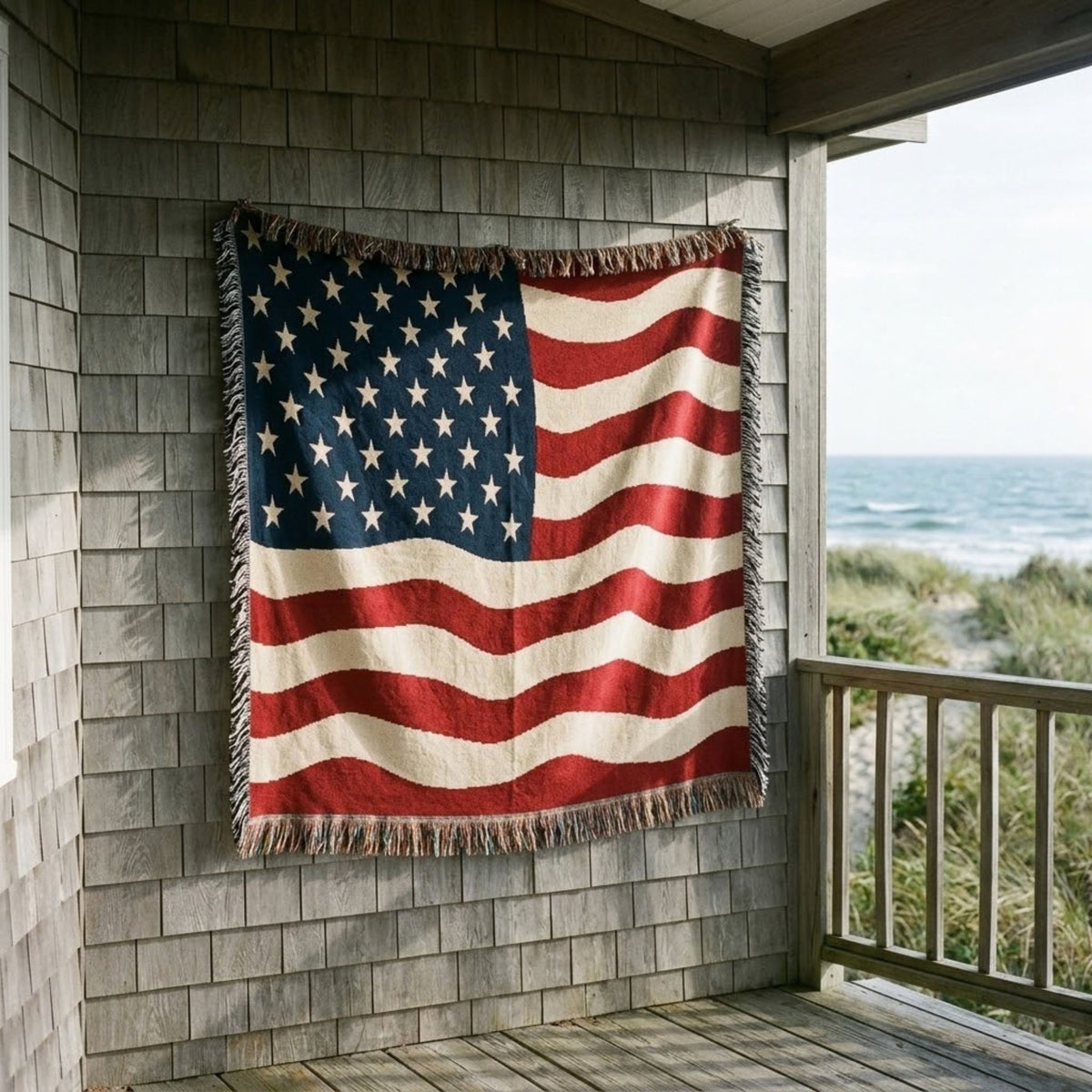 Waving American flag woven cotton throw hung on a cedar shingle cottage wall with dune grass and ocean beyond