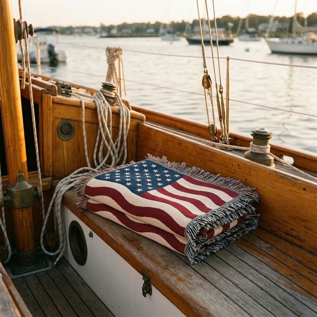 An American flag patterned woven throw blanket with fringe is draped over a wooden boat bench, with ropes, rigging, and a marina water background visible.