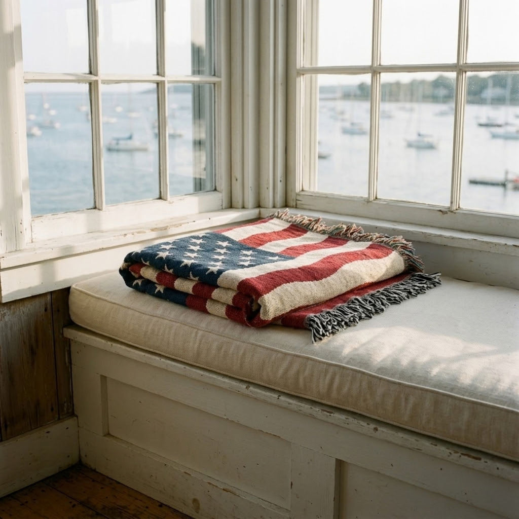 A folded American flag throw blanket with fringe is draped over a white cushioned window seat, with large windows behind it showing a bright outdoor harbor view.