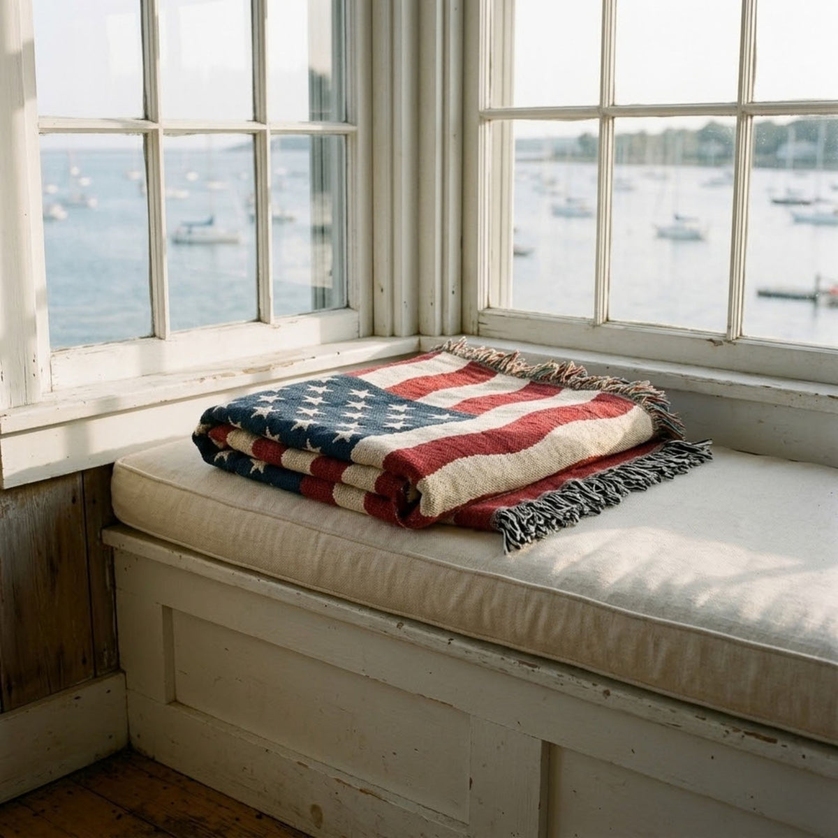 A folded American flag throw blanket with fringe is draped over a white cushioned window seat, with large windows behind it showing a bright outdoor harbor view.
