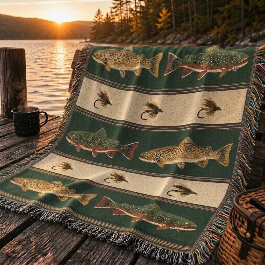 Hunter green trout and fly woven cotton throw on a lakeside dock at sunset with a black mug and wicker basket