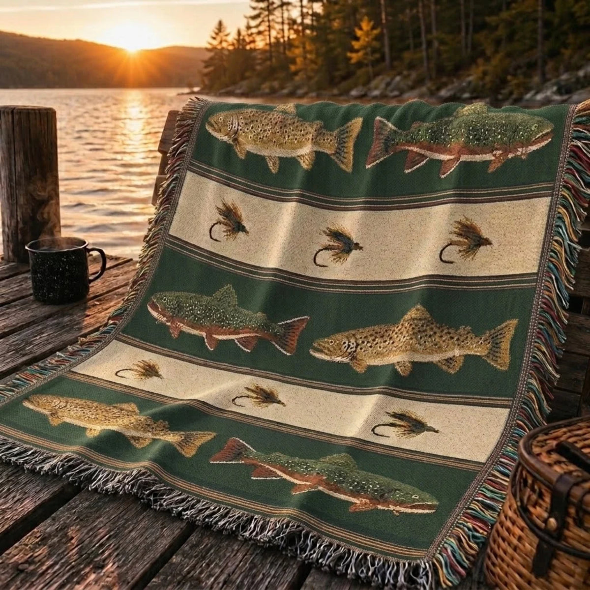 Hunter green trout and fly woven cotton throw on a lakeside dock at sunset with a black mug and wicker basket