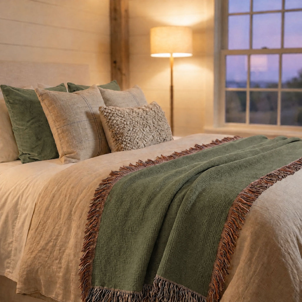 Moss Green Solid Woven Throw Blanket | 100% Cotton, Quiet Luxury Neutral, Fringe Home Decor Gifts