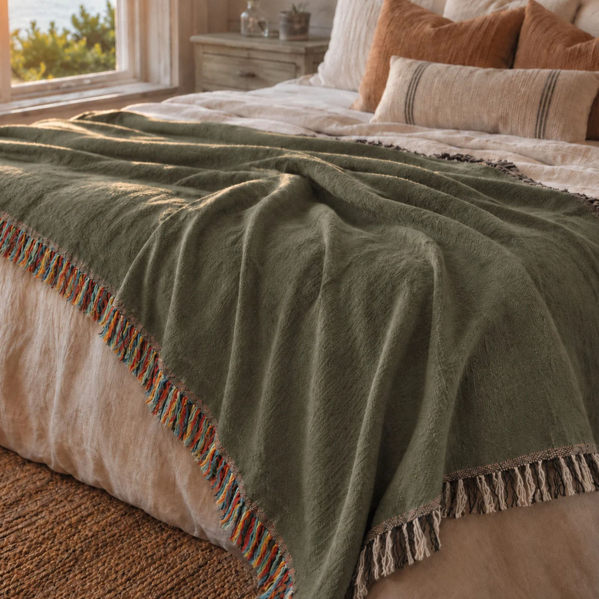 Moss green solid woven cotton throw blanket spread across the foot of a white linen bed in a sunlit cottage bedroom