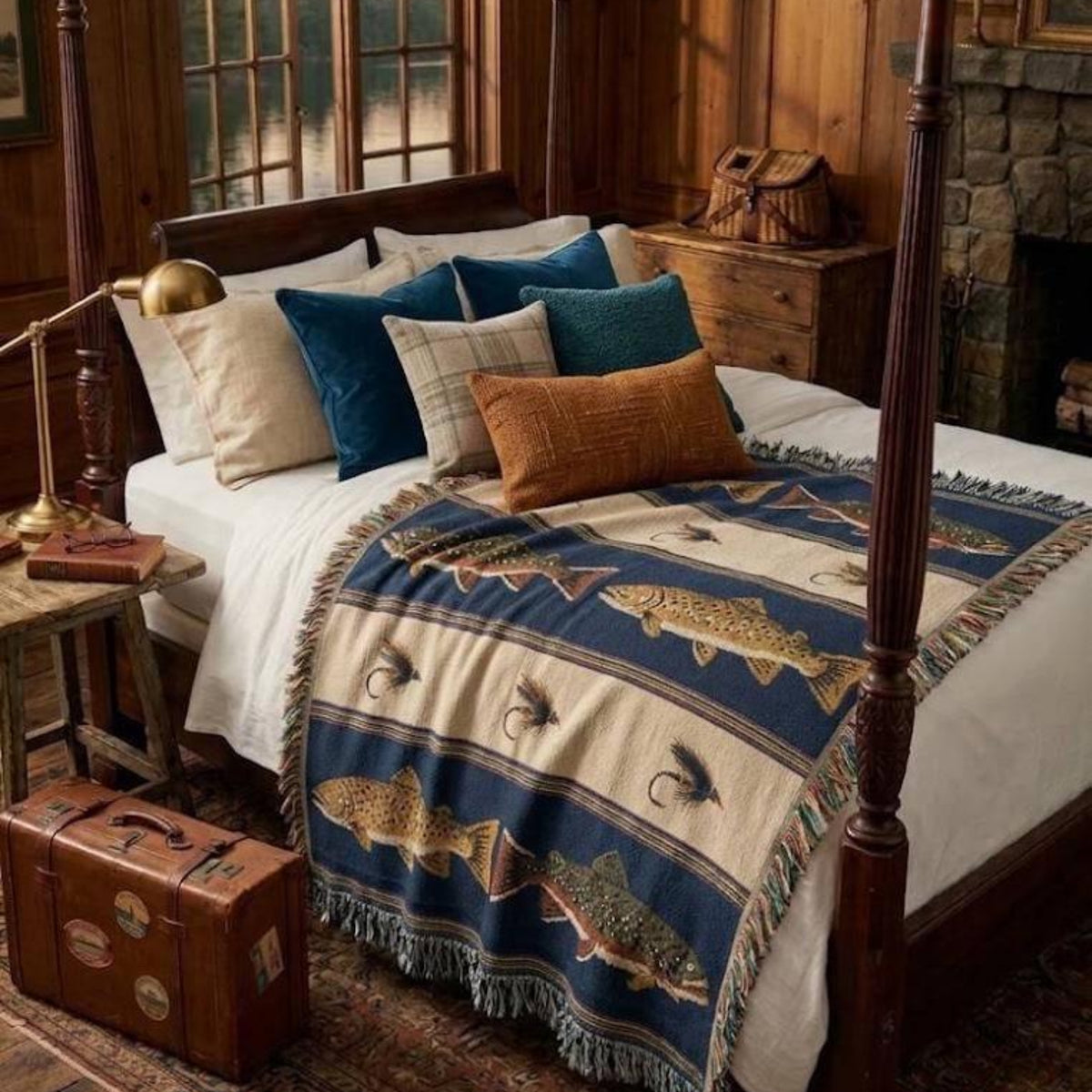Lake navy Brook & Brown trout woven cotton throw across a four-poster lake house bed with blue velvet pillows