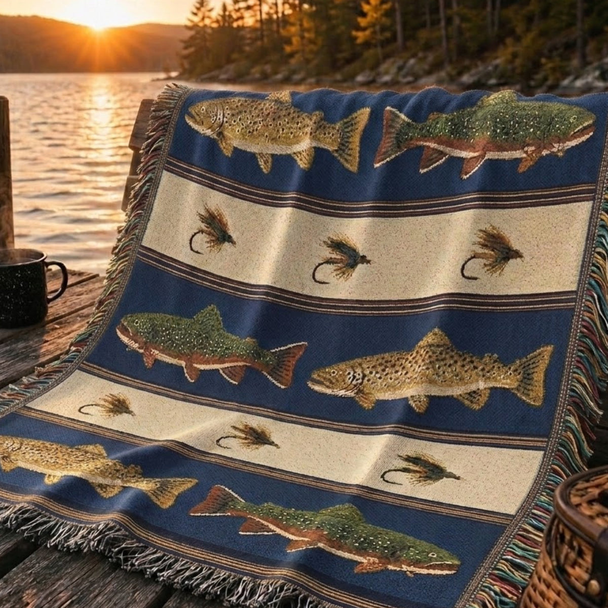 Lake navy trout and fly woven cotton throw draped over a weathered wooden dock at sunset beside the water