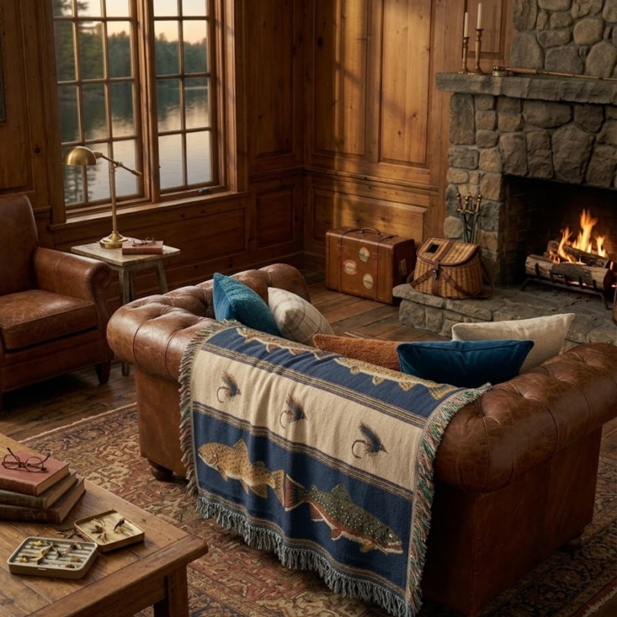 Lake navy trout and fly woven throw on a leather Chesterfield sofa by a stone fireplace in a lake lodge