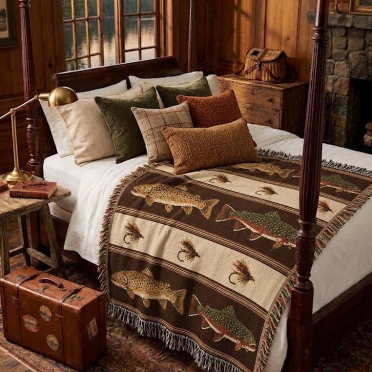 Fireside brown trout and fly woven throw across a four-poster lake house bed with olive and rust pillows