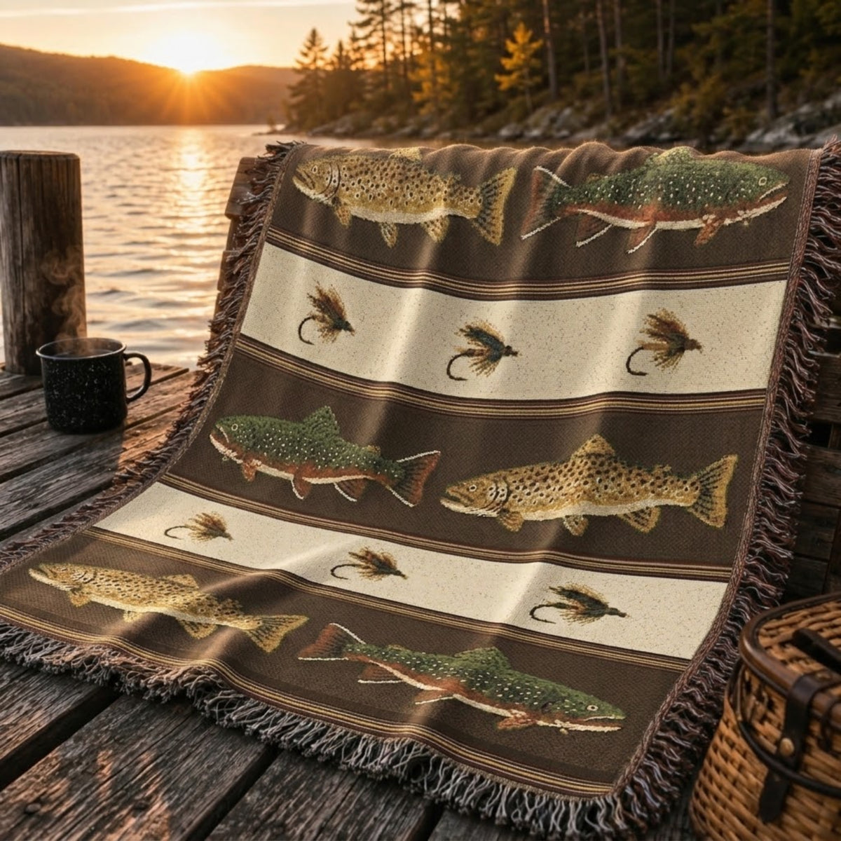 Fireside brown trout and fly woven cotton throw laid out on a weathered wooden dock at sunset by the lake