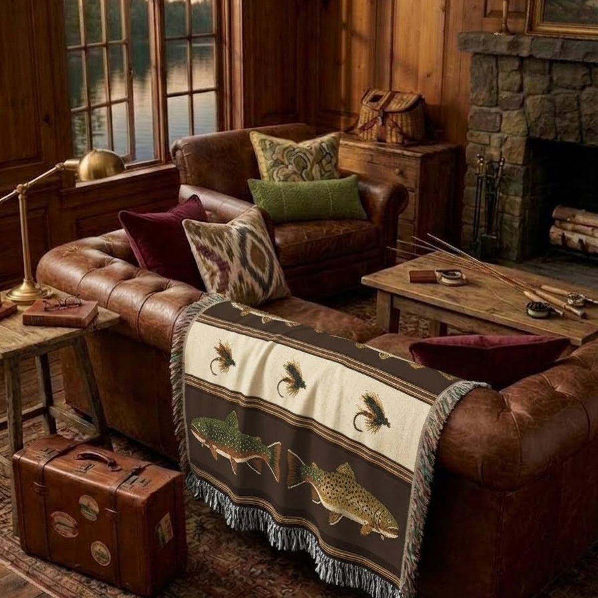 Fireside brown Brook & Brown trout woven cotton throw on a leather Chesterfield sofa by a lodge fireplace