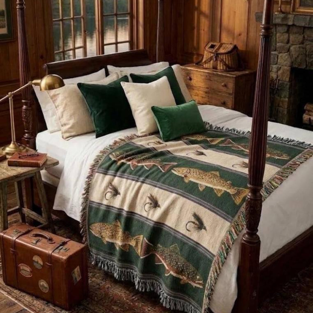 Hunter green trout and fly woven cotton throw across a four-poster bed in a lake house bedroom at sunset