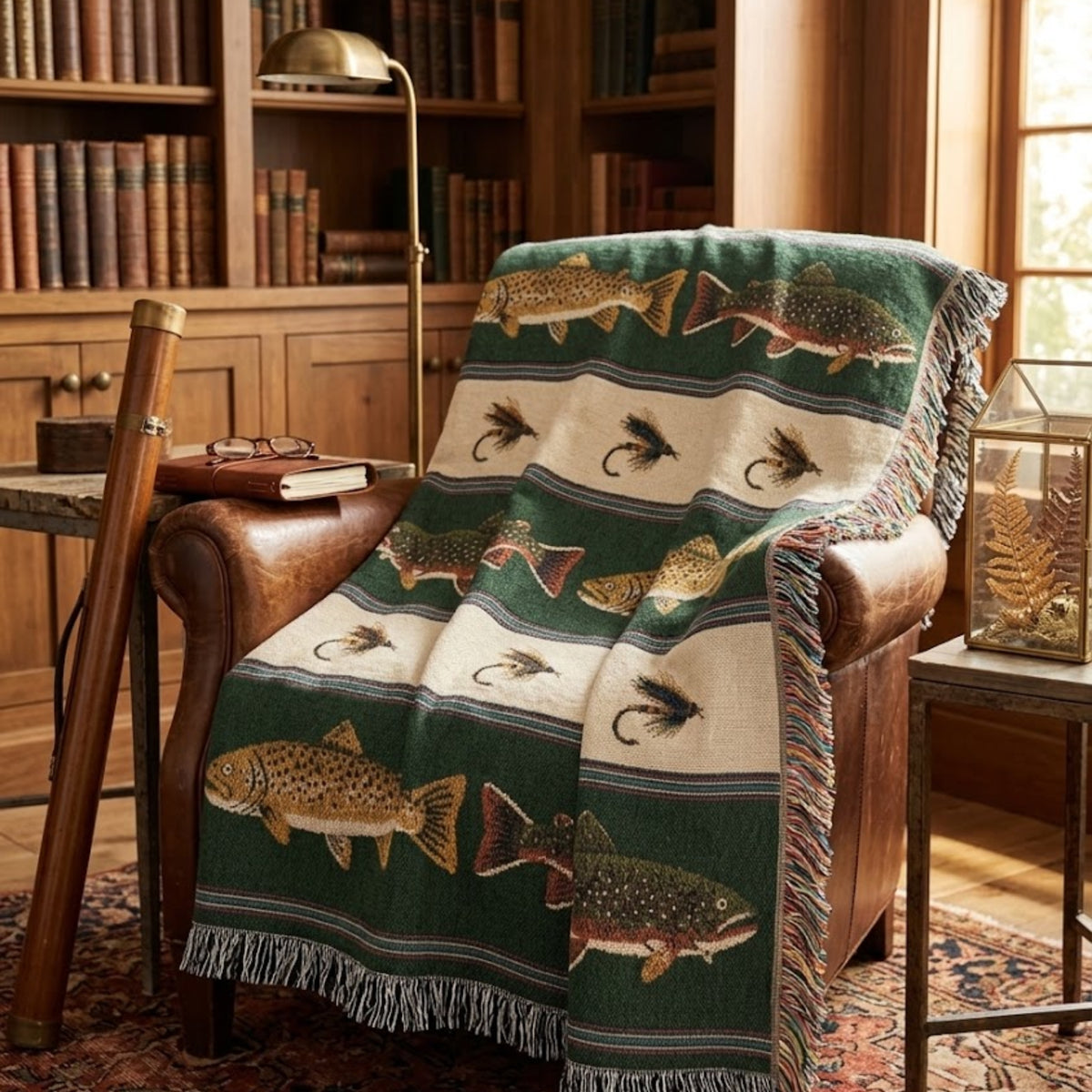Hunter green trout woven throw over a leather club chair in a wood-paneled library beside a fly rod tube