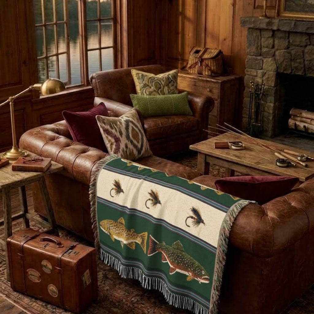 Hunter green Brook & Brown trout woven throw on a leather Chesterfield sofa by a lake lodge stone fireplace