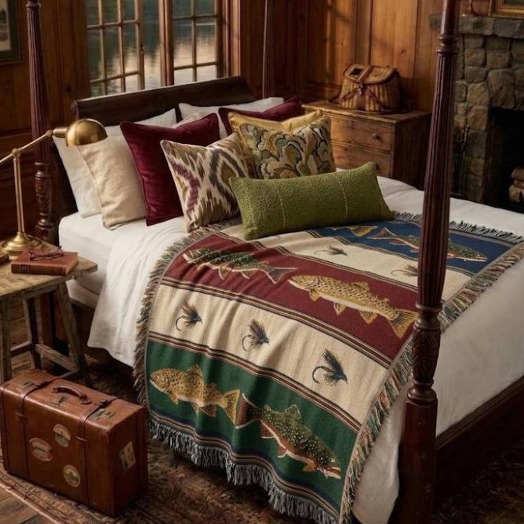 Trout Woven Cotton Throw Blanket — Brook & Brown · Multi Color Striped — Fly Fishing Lake House Fringe Throw
