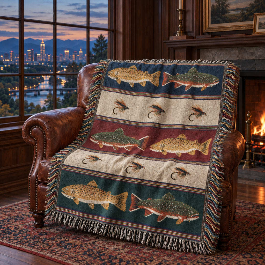 Trout Woven Cotton Throw Blanket — Brook & Brown · Multi Color Striped — Fly Fishing Lake House Fringe Throw