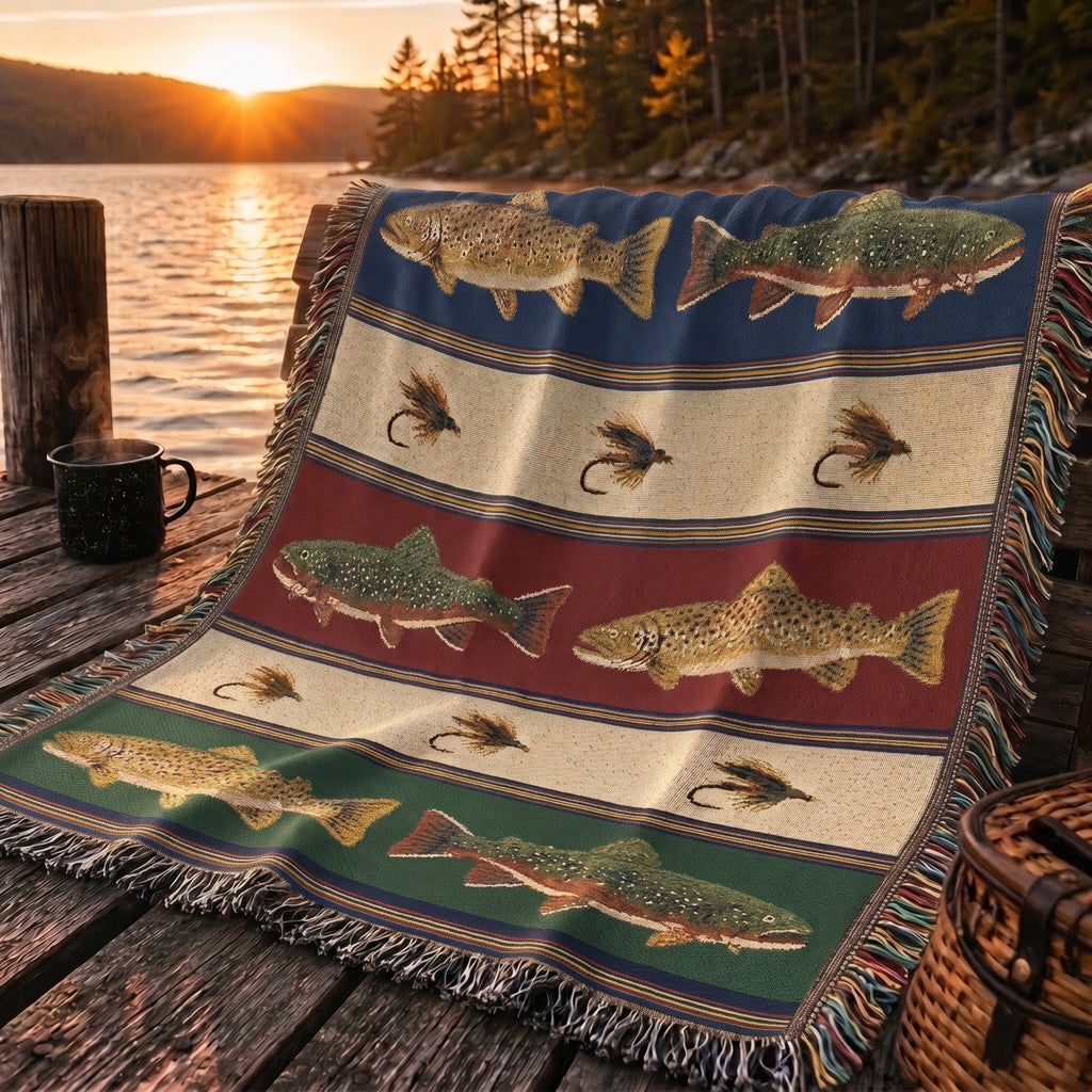 Trout Woven Cotton Throw Blanket — Brook & Brown · Multi Color Striped — Fly Fishing Lake House Fringe Throw