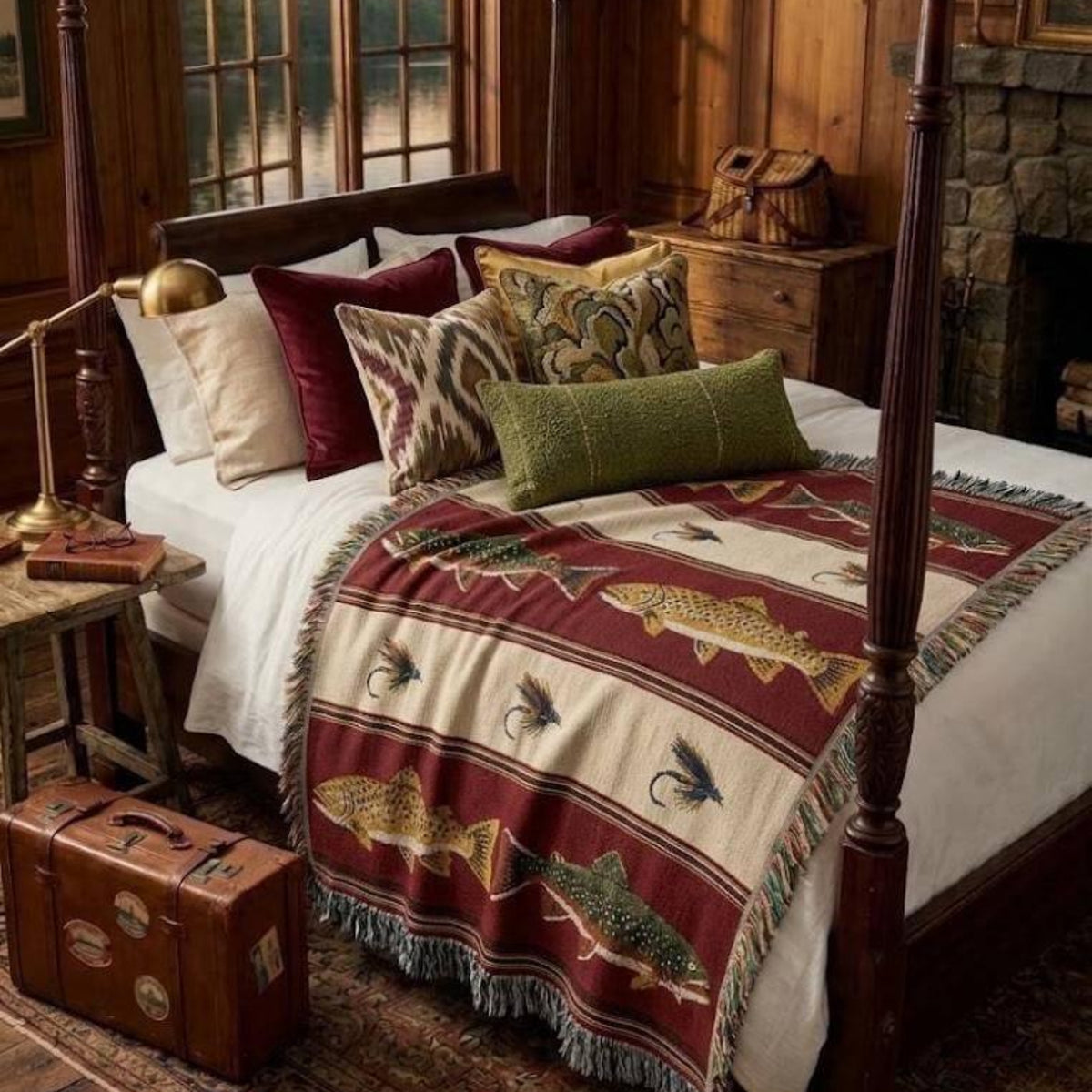 Lodge red Brook & Brown trout woven cotton throw across a four-poster bed with burgundy and green pillows