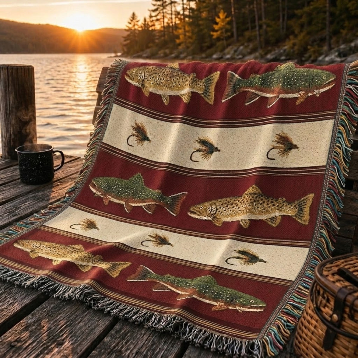 Lodge red trout and fly woven cotton throw laid out on a weathered wooden dock at sunset by the lake