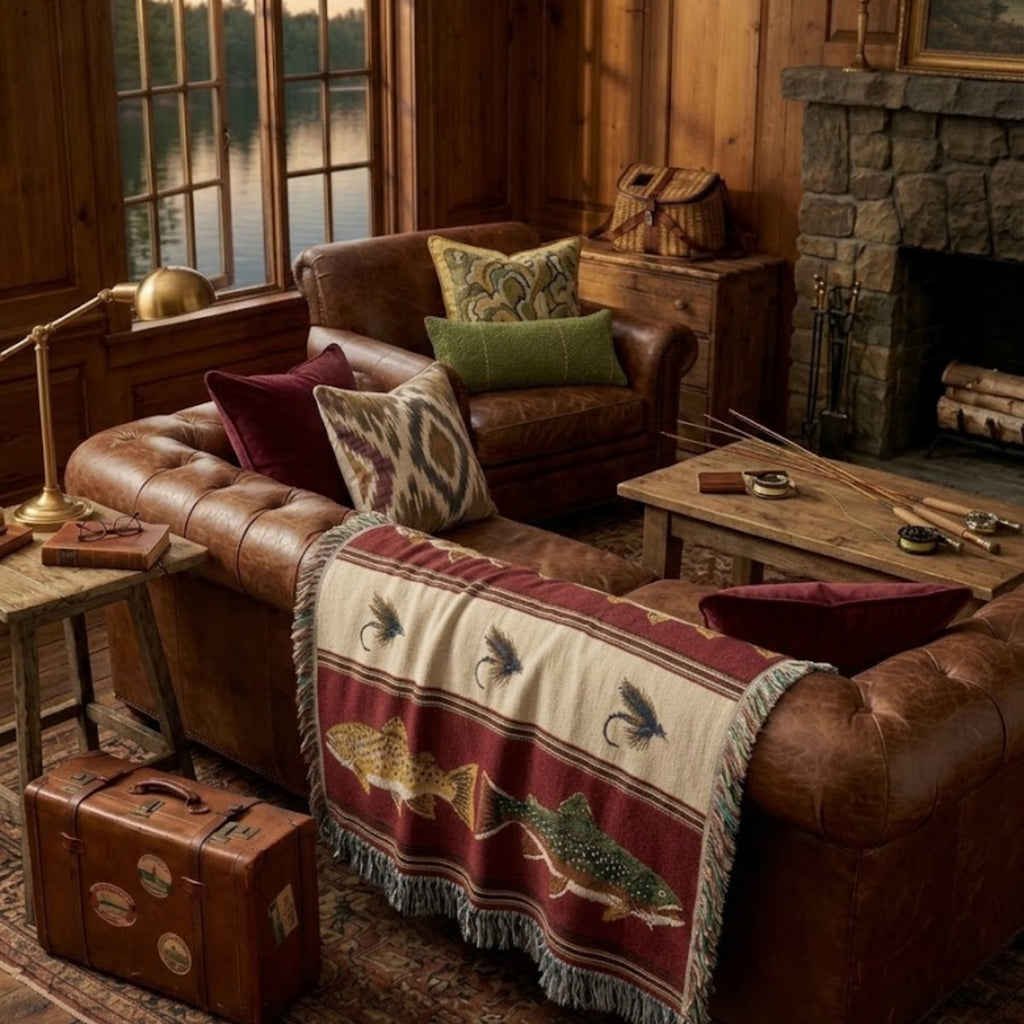 Lodge red trout and fly woven throw on a leather Chesterfield sofa in a lake lodge beside a stone fireplace