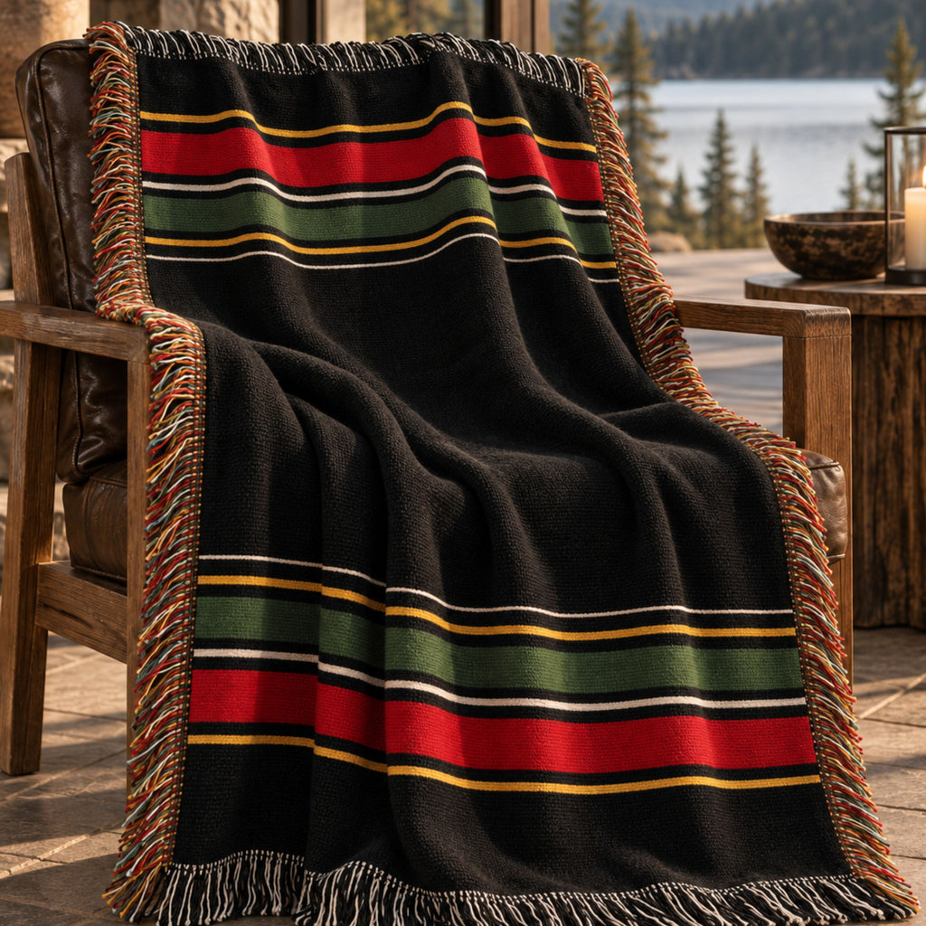 Timberline Black Forest Blanket | Dark Woven Fringed Cotton Throw | Lodge Cabin Decor