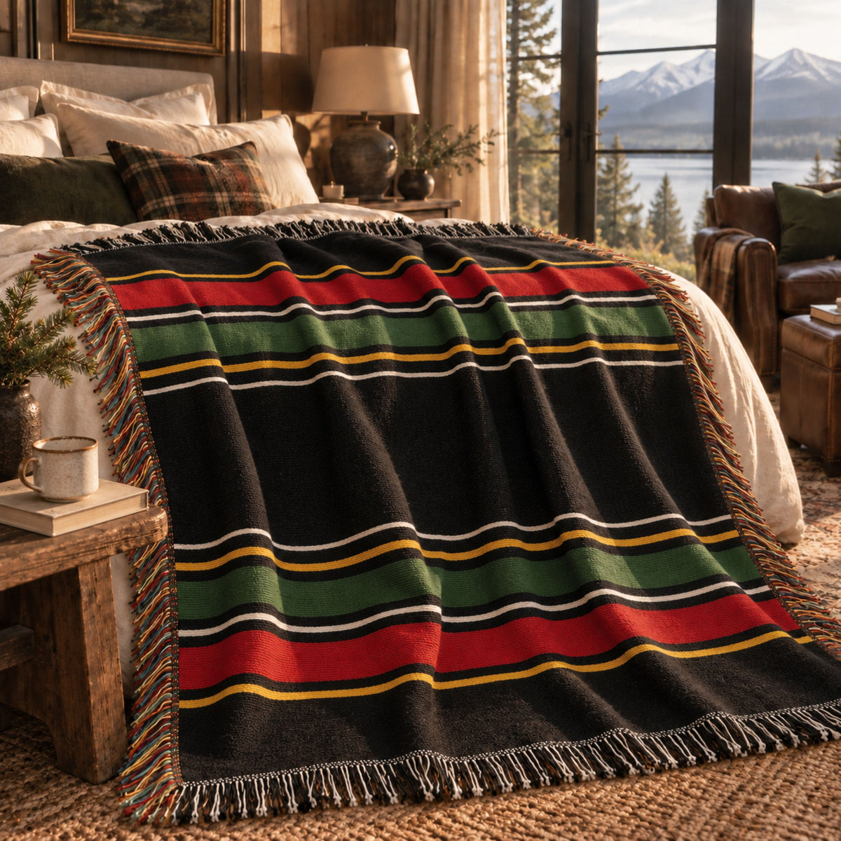 Timberline Noir black striped woven cotton throw blanket folded at the foot of a bed overlooking snow-capped mountains