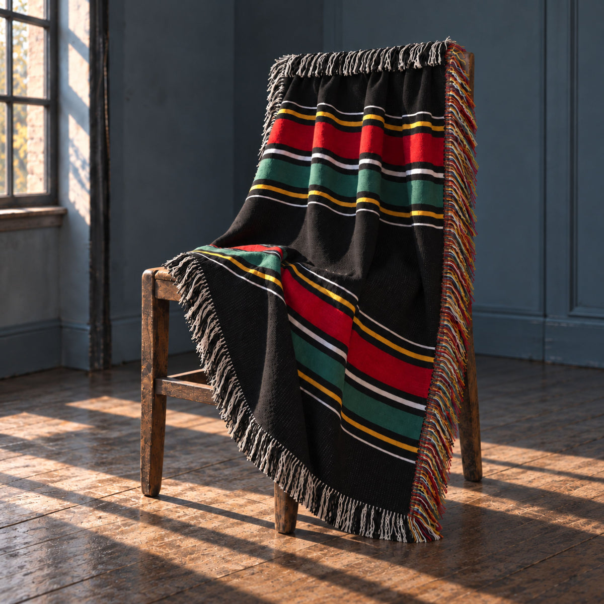 Timberline Noir black striped woven cotton throw blanket with fringe draped over a wooden chair in golden light