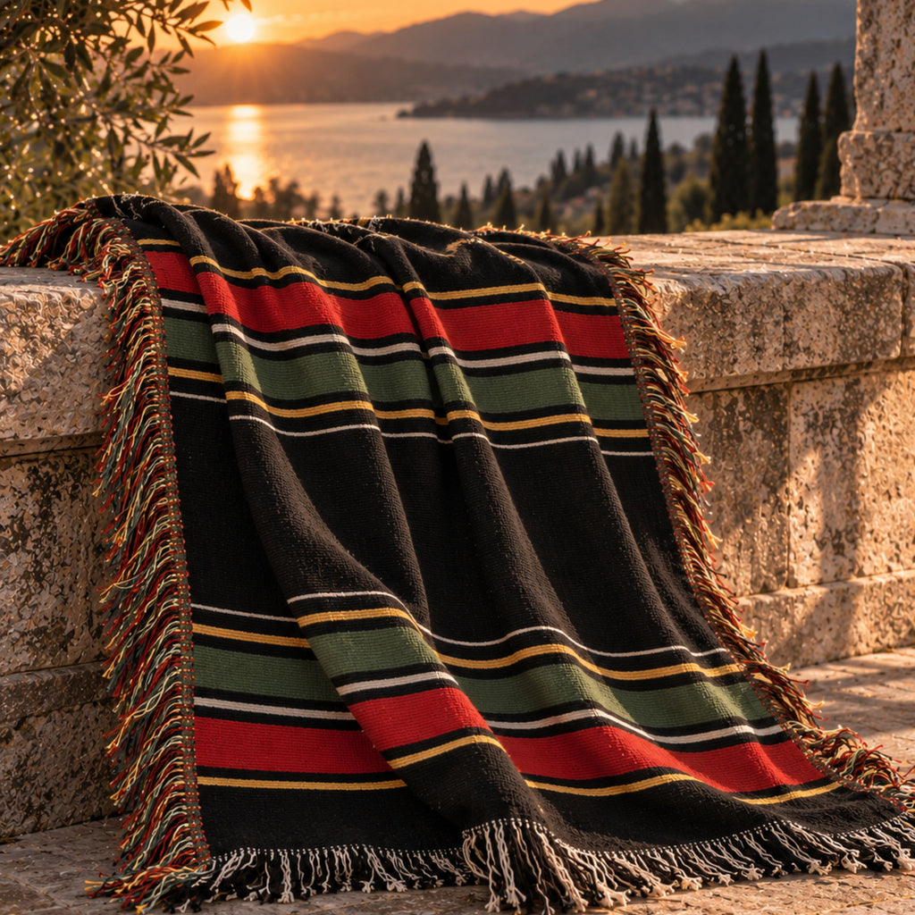 Timberline Black Forest Blanket | Dark Woven Fringed Cotton Throw | Lodge Cabin Decor