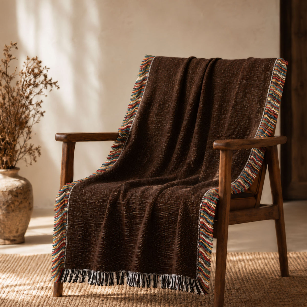 Solid espresso brown woven cotton throw blanket draped over a wooden armchair in a warm, sunlit living room, showing the multicolor side fringe and black-and-white top and bottom fringe — Trini Skies