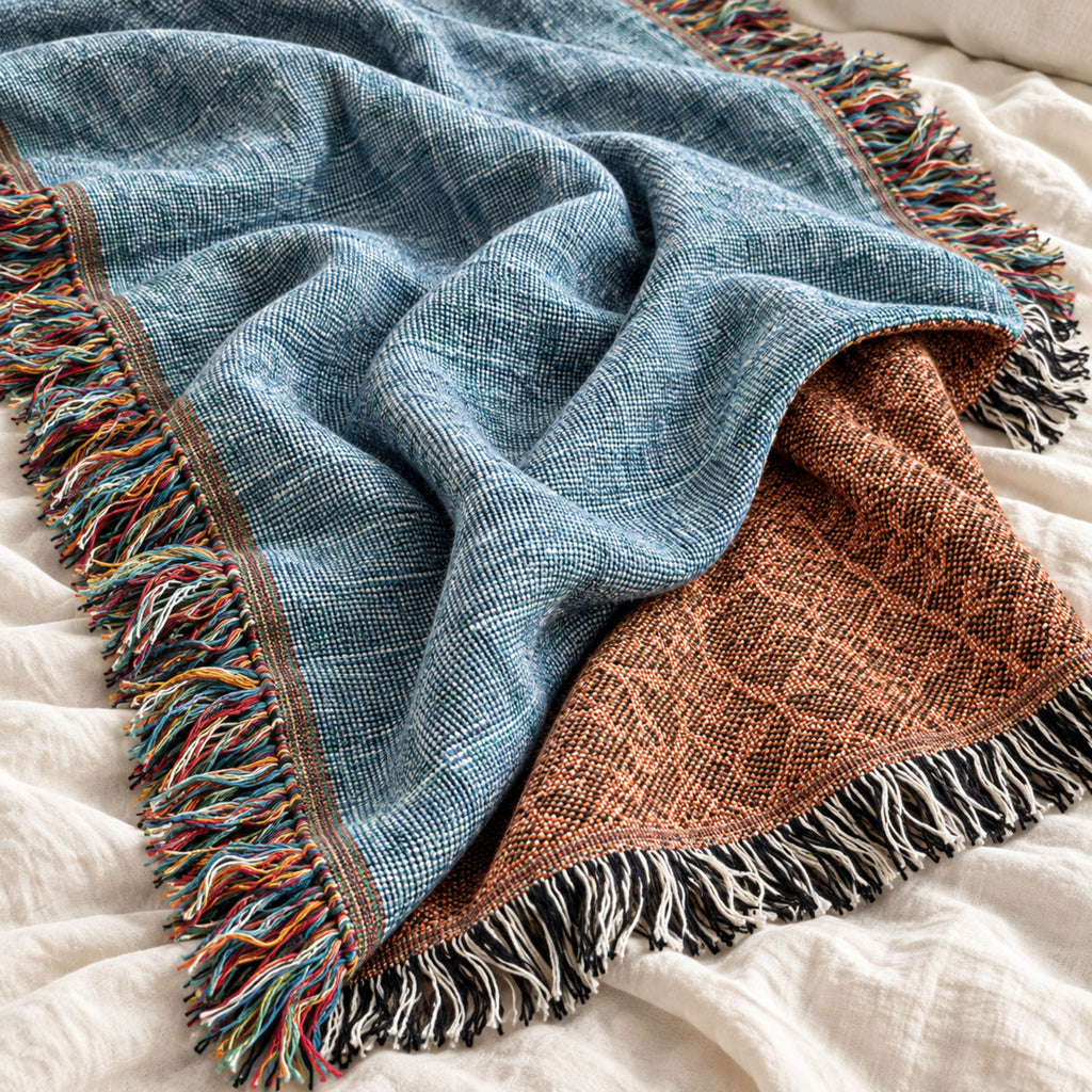 Chambray blue solid woven cotton throw blanket folded on a bed with multicolor fringe