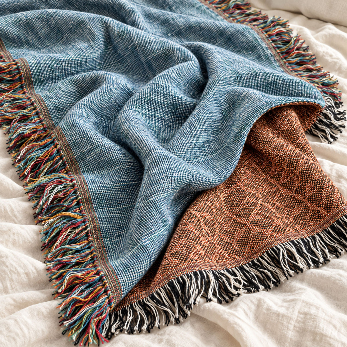 Chambray blue solid woven cotton throw blanket folded on a bed with multicolor fringe