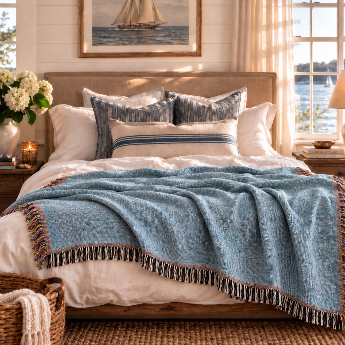 Chambray blue solid woven cotton throw blanket draped over a bed with a lake view