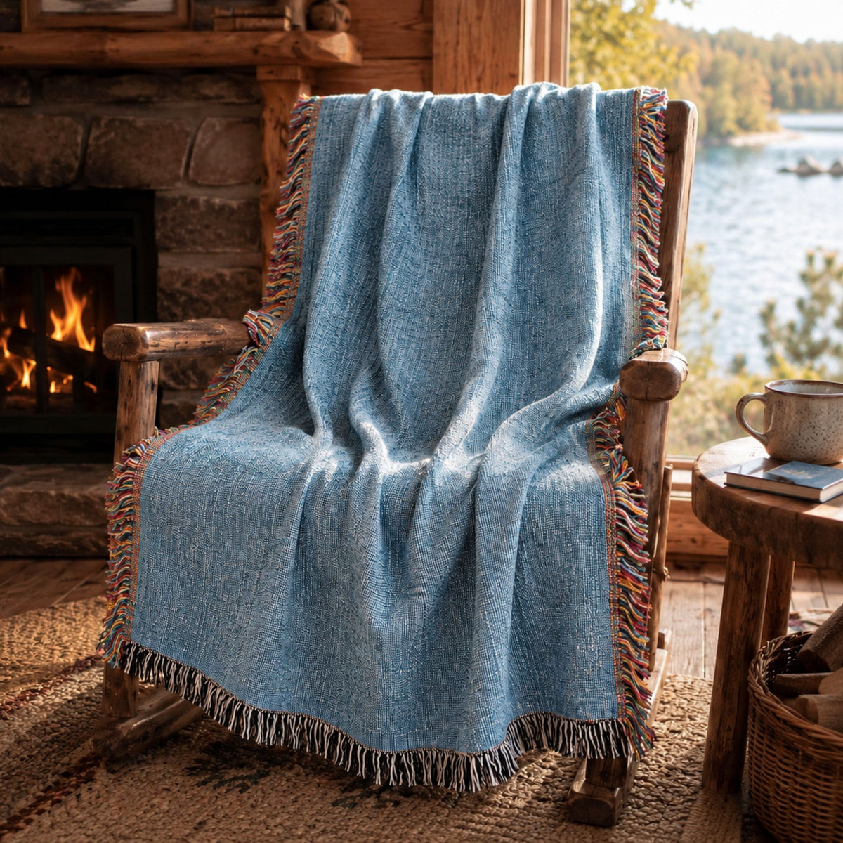 Chambray blue solid woven cotton throw blanket with fringe draped over a wooden chair by a lake