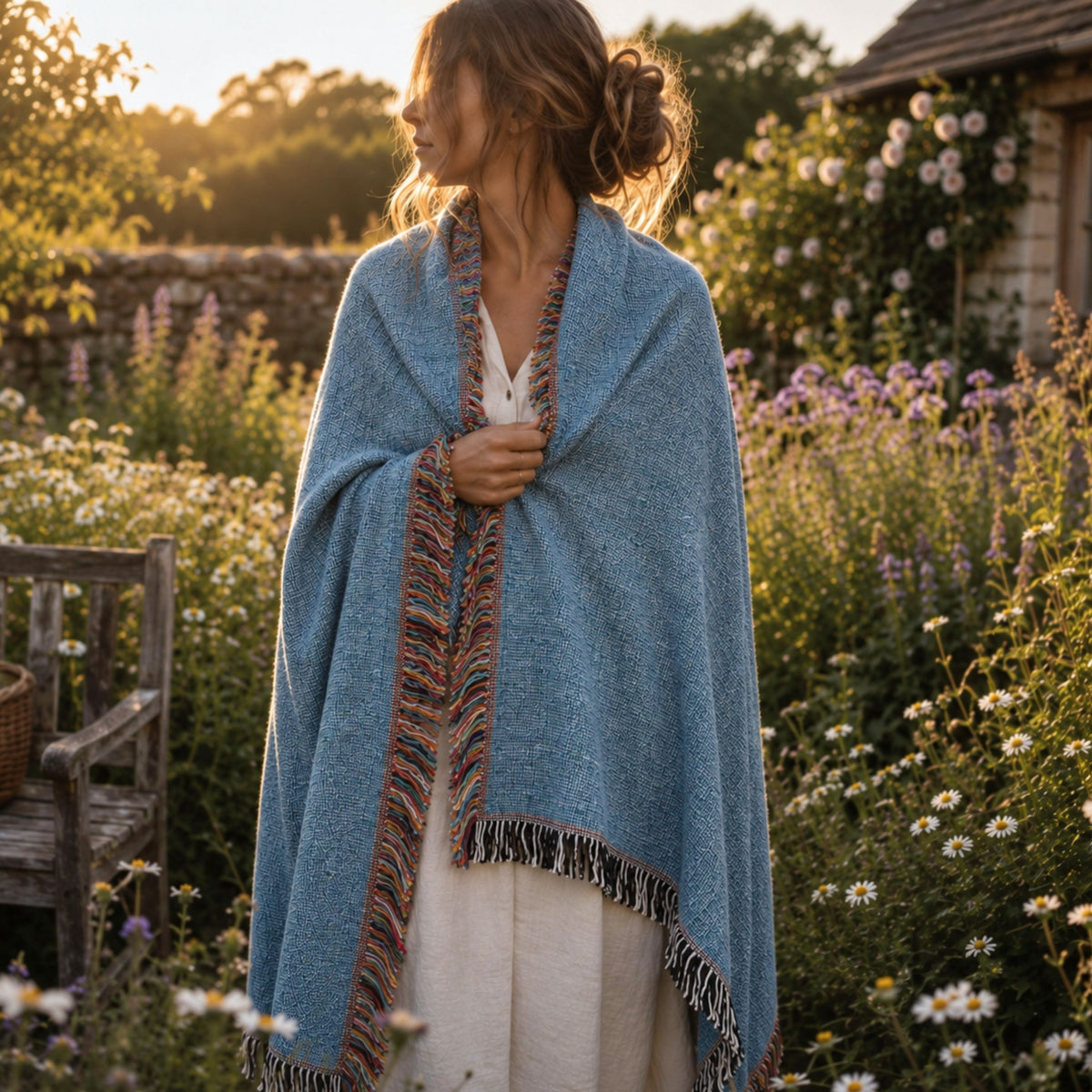 Woman wrapped in a chambray blue solid woven cotton throw blanket outdoors at golden hour