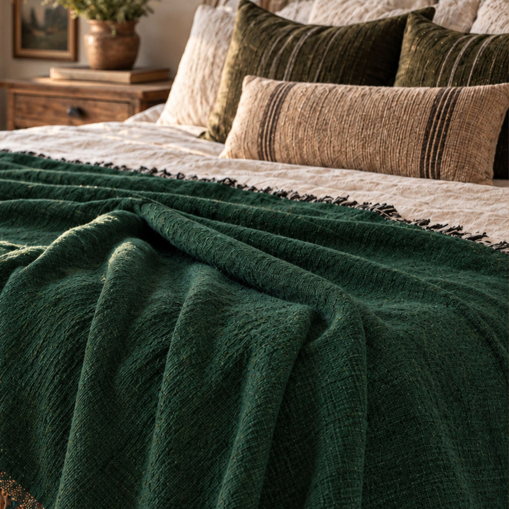 Solid forest green woven cotton throw blanket folded on a bed in a warm, sunlit bedroom, showing the woven texture and fringe trim — Trini Skies