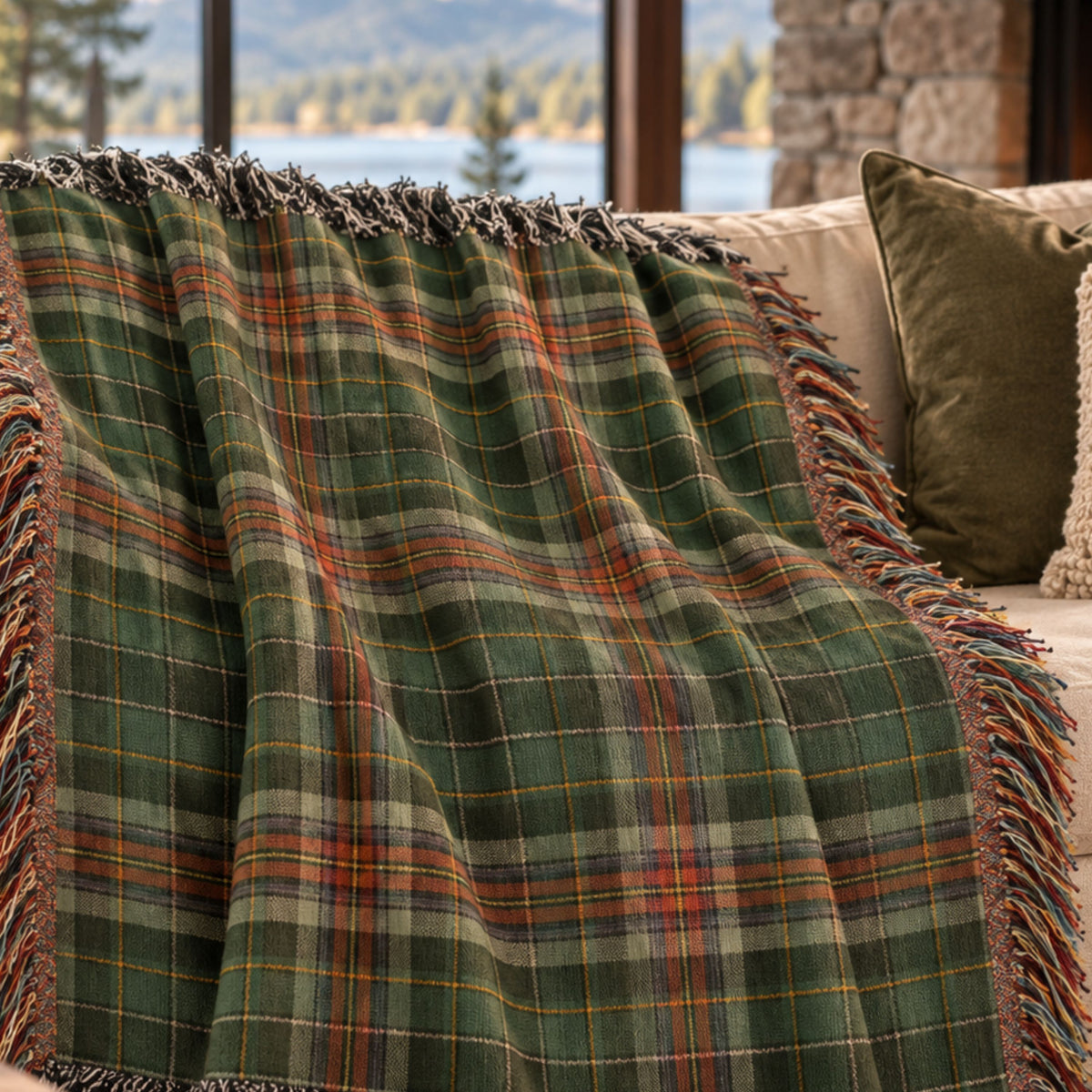 Green plaid woven cotton throw blanket with multicolor tassel fringe draped over a leather sofa