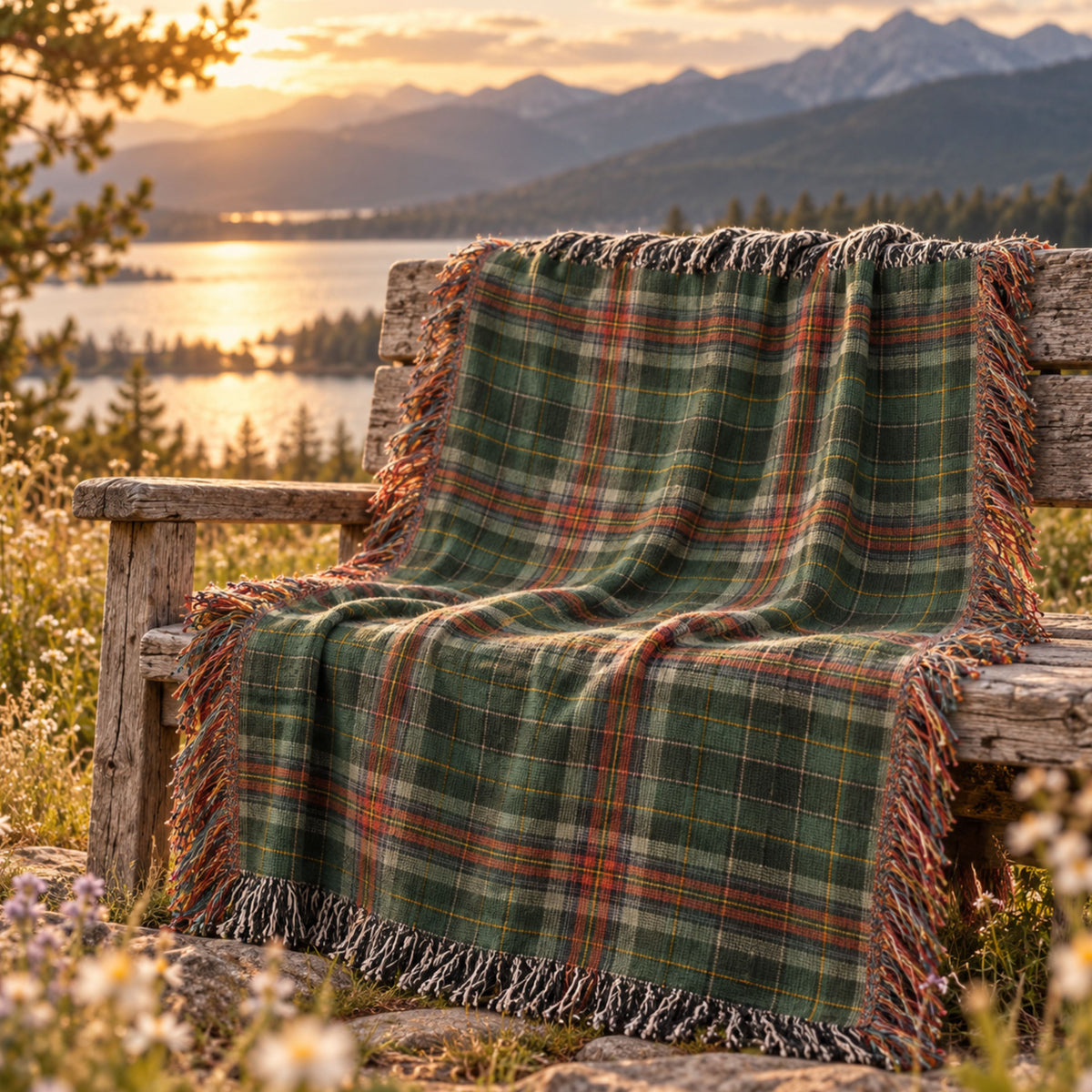 Green plaid woven cotton throw blanket with multicolor tassel fringe draped over a wooden bench