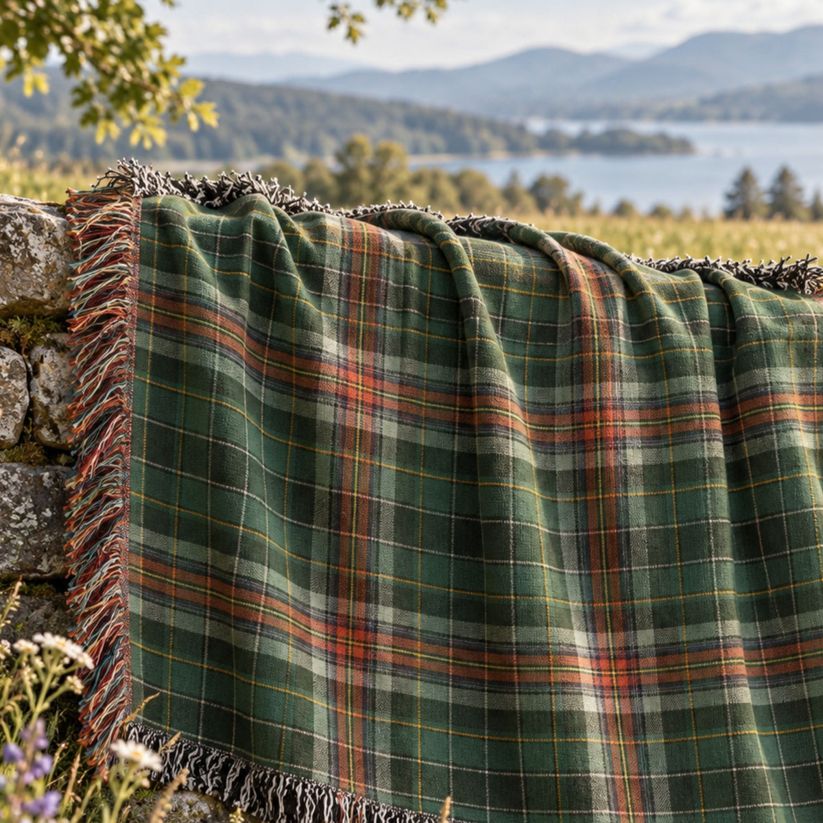 Green plaid woven cotton throw blanket with multicolor fringe draped over a stone wall above a mountain lake