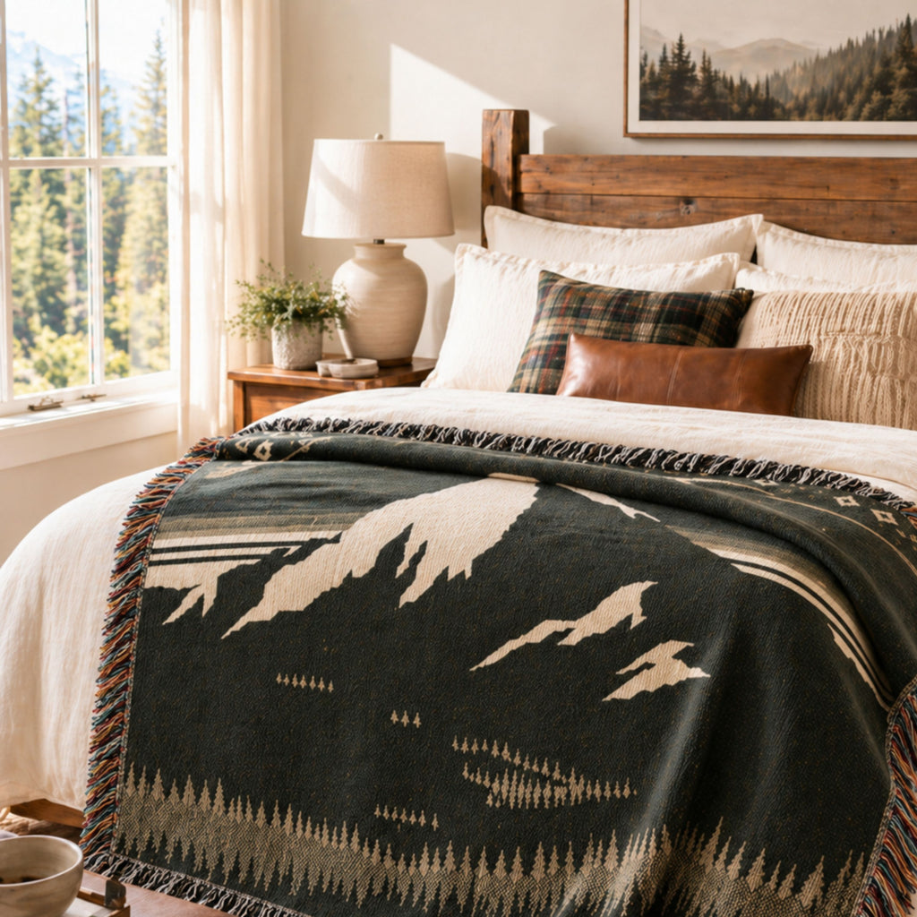 A mountain and forest patterned throw blanket draped over a bed in a sunlit bedroom. The blanket is dark charcoal green with cream and tan woven motifs, and the bed is styled with white linens, plaid and brown accent pillows, a wooden headboard, a bedside lamp, and a window showing trees outside.