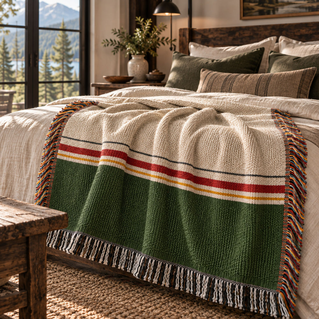 Wassail Pine ivory and forest green colorblock woven cotton throw blanket folded at the foot of a bed overlooking the mountains