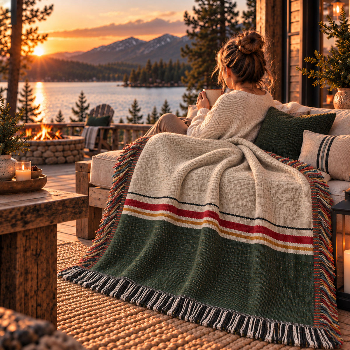 Woman sitting on a porch at sunset wrapped in the Wassail Pine ivory and forest green colorblock woven cotton throw blanket