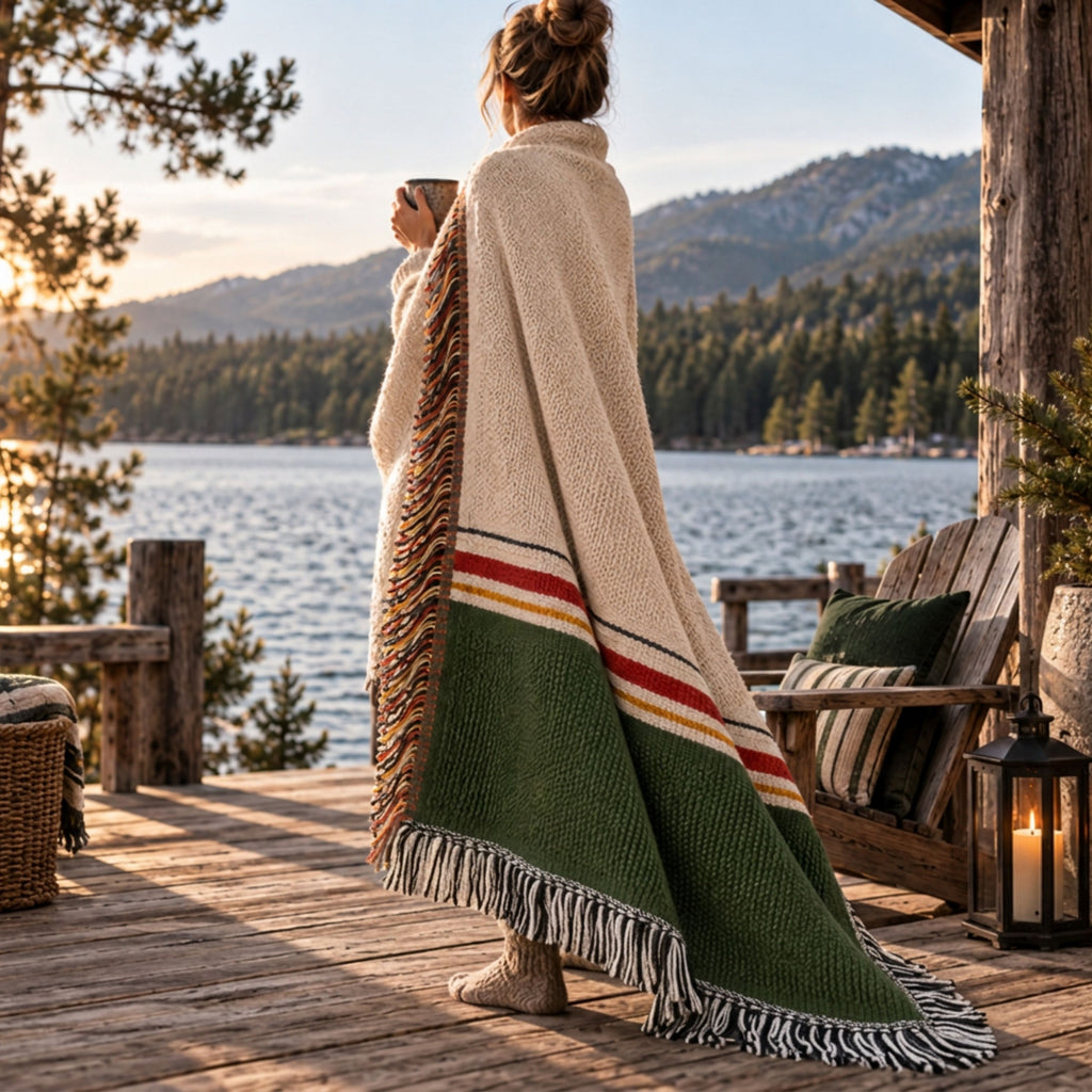 Woman on a lakeside porch wrapped in the Wassail Pine ivory and forest green colorblock woven cotton throw blanket