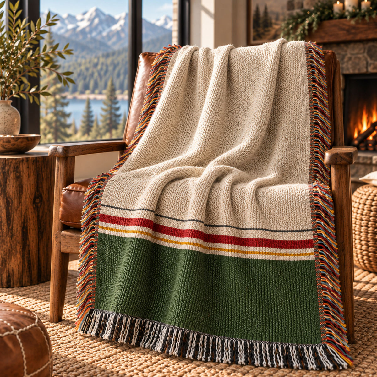 Ivory and forest green colorblock woven cotton throw blanket with fringe draped over a wooden chair by a fireplace