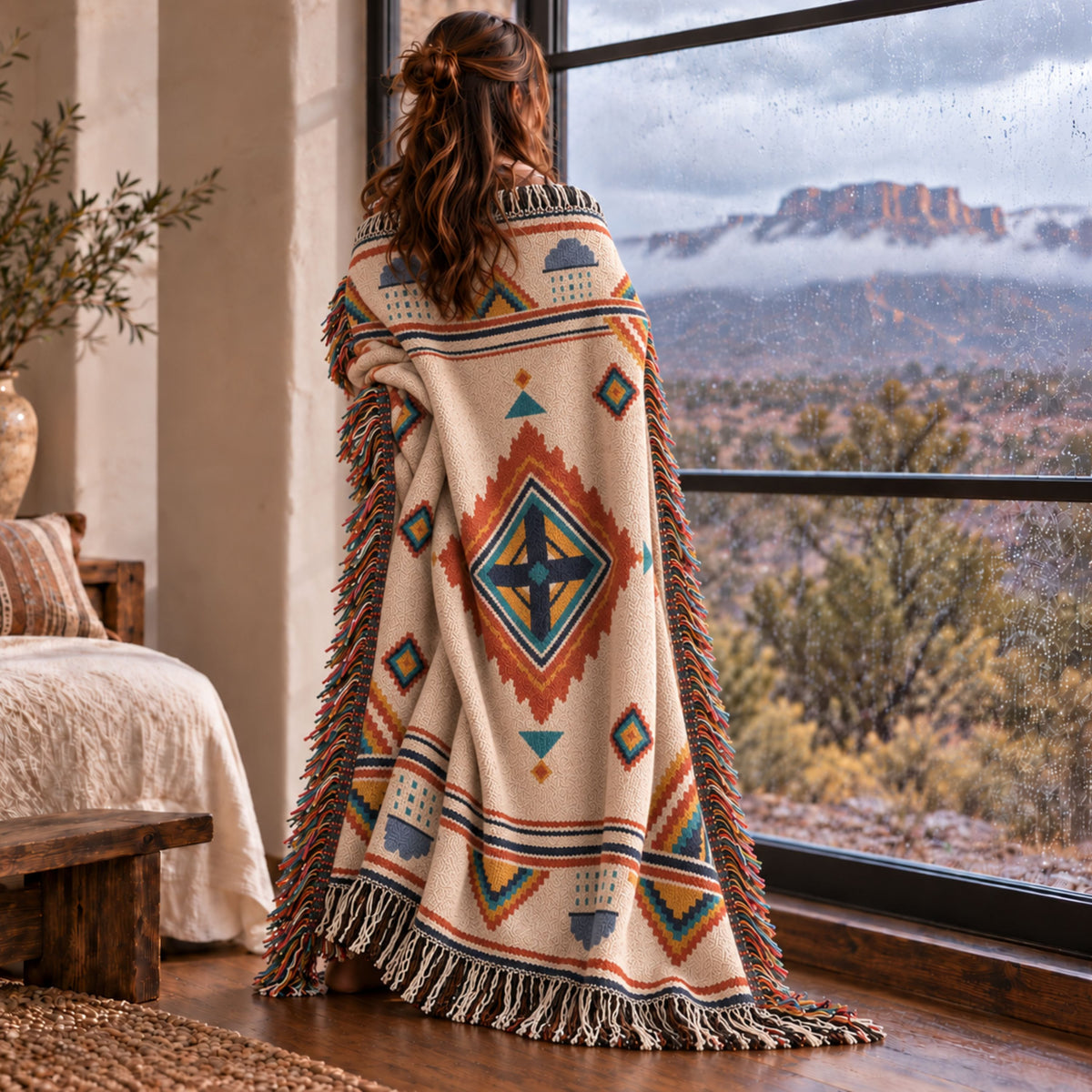 Woman wrapped in the Mesa Rain geometric medallion woven cotton throw blanket on a desert balcony