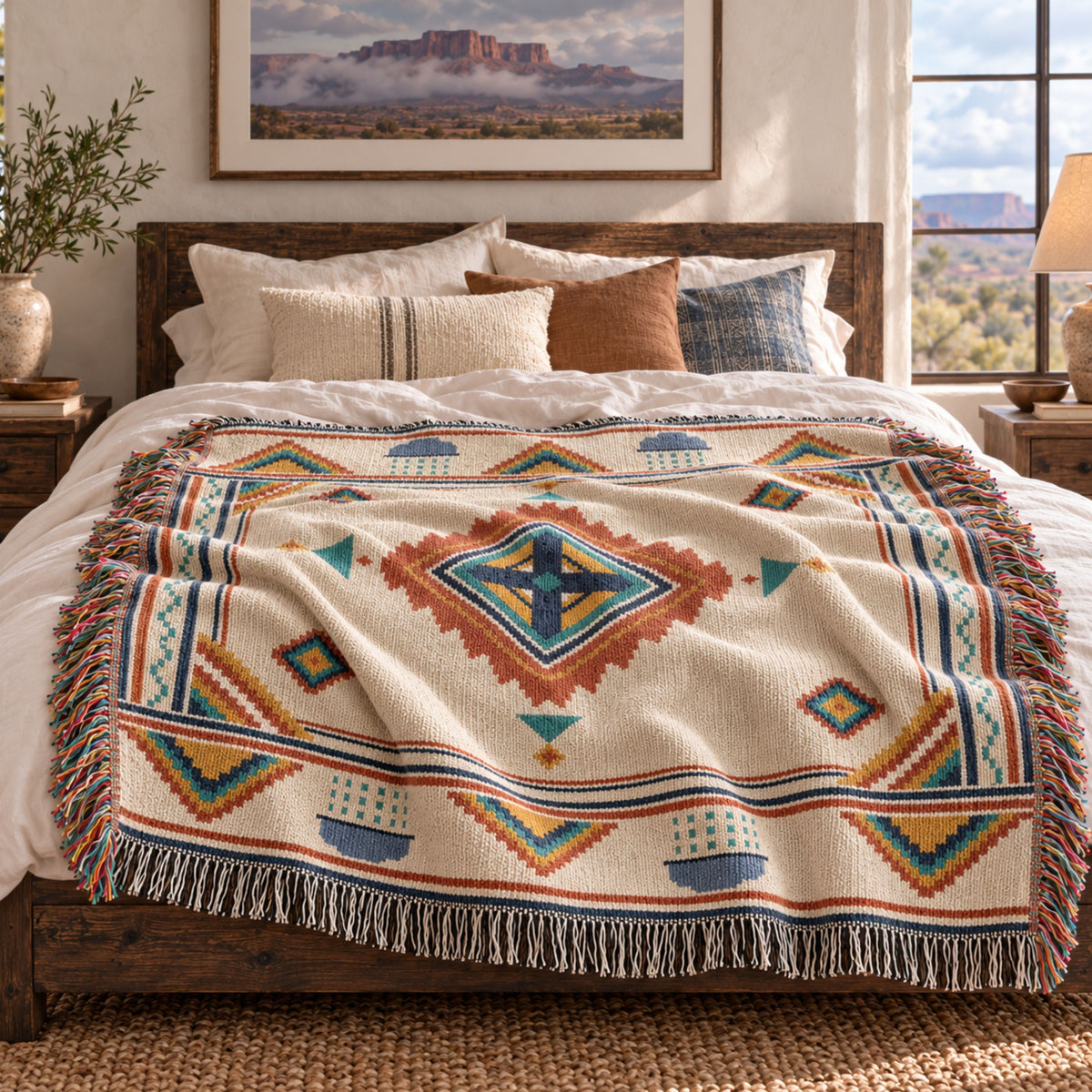 Rust and navy geometric medallion woven cotton throw blanket draped over a bed with desert hills