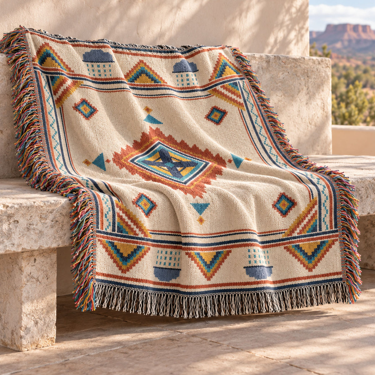 Rust and navy geometric medallion woven cotton throw blanket draped over a stone bench