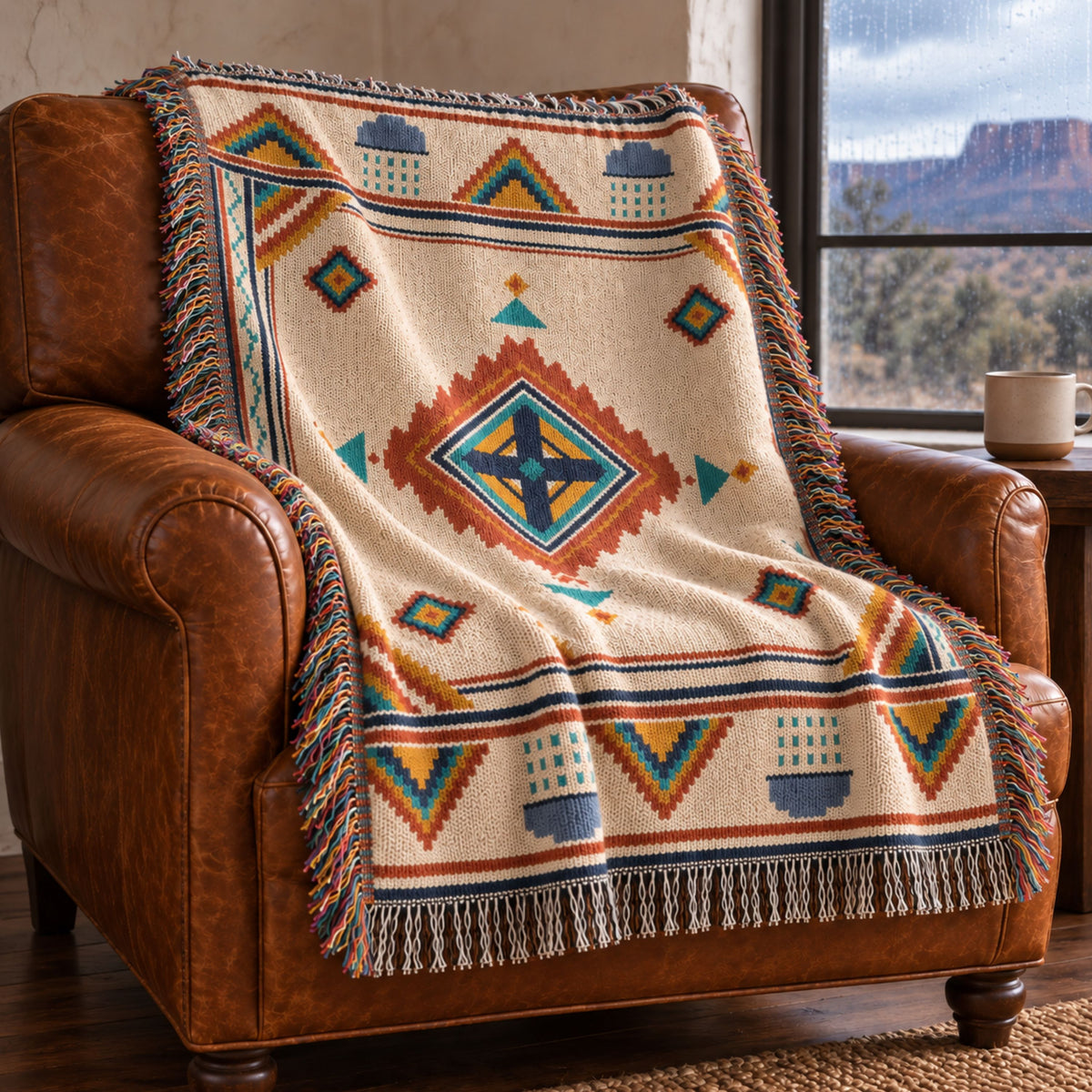 Rust and navy geometric medallion woven cotton throw blanket draped over a leather armchair