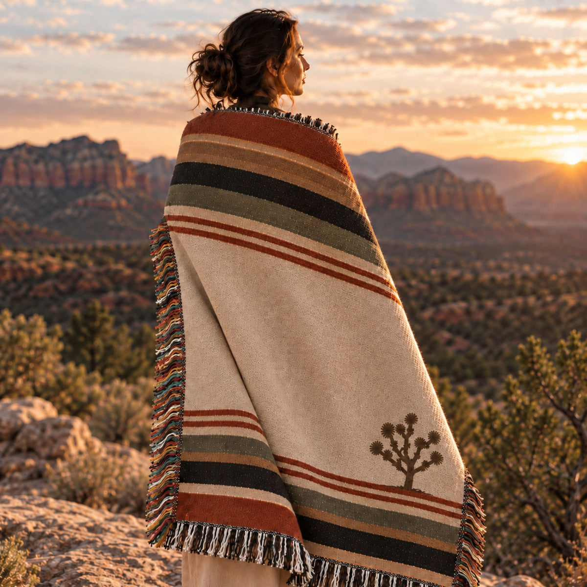 Woman wrapped in Joshua Tree woven throw blanket on desert rock outcrop at golden hour with canyon backdrop — southwestern blanket by Trini Skies
